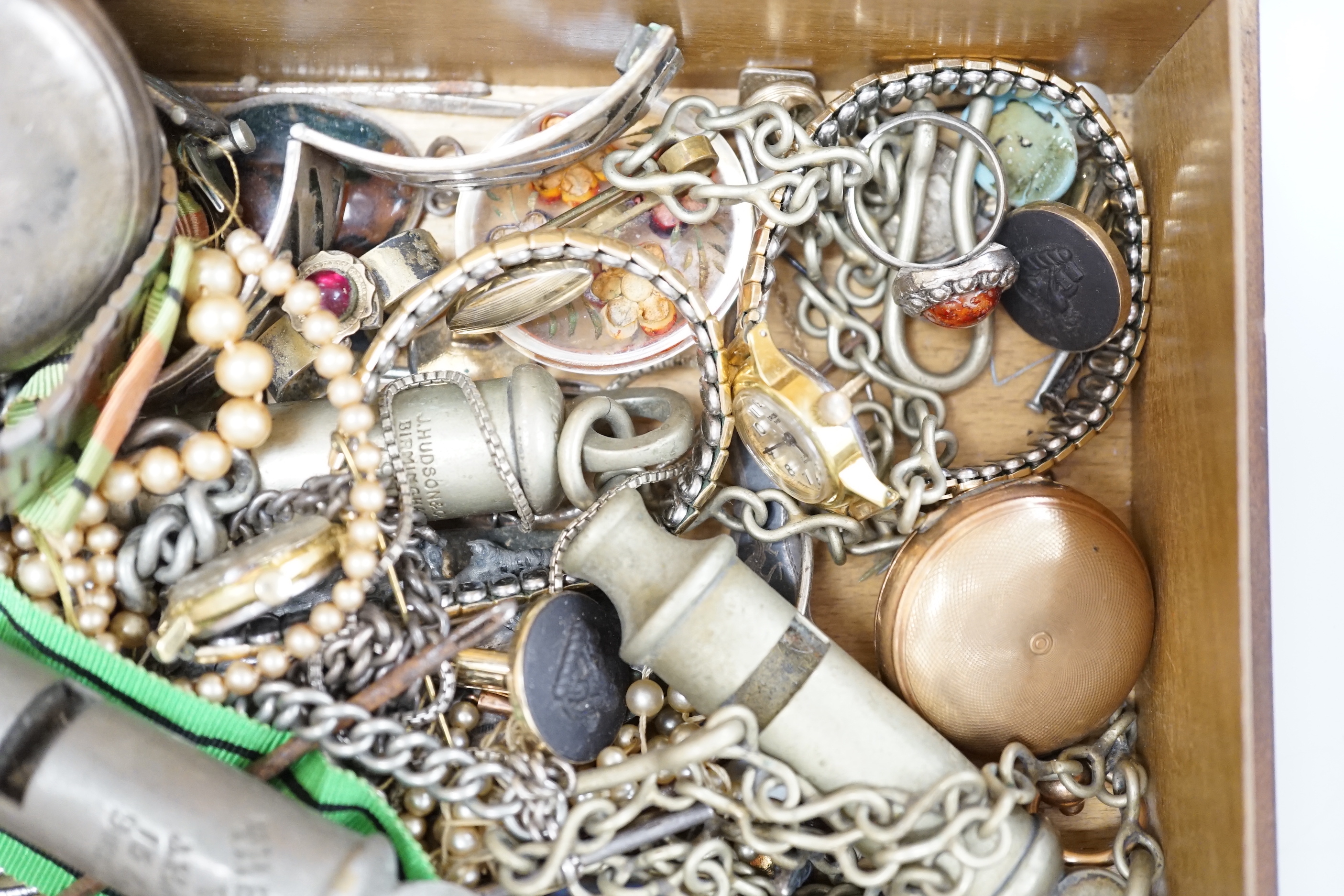 A heavy 925 curb link bracelet, a silver pocket watch by Graves of Sheffield, a gold plated sovereign case and other sundry jewellery etc. including costume and two whistles.